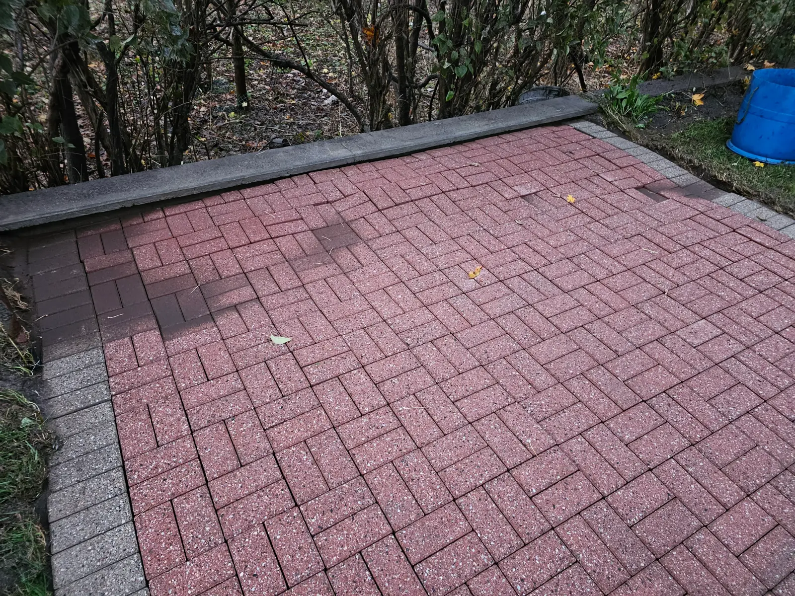 Freshly cleaned red brick patio bordered by shrubs