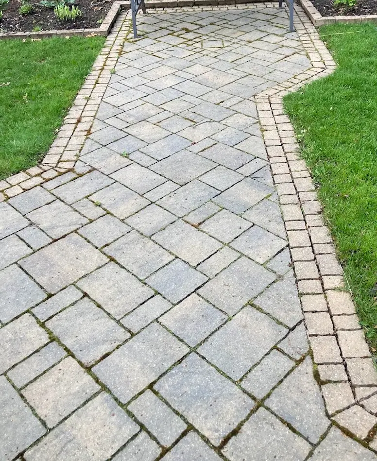 Interlock walkway before restoration — faded pavers, moss and weeds in the joints