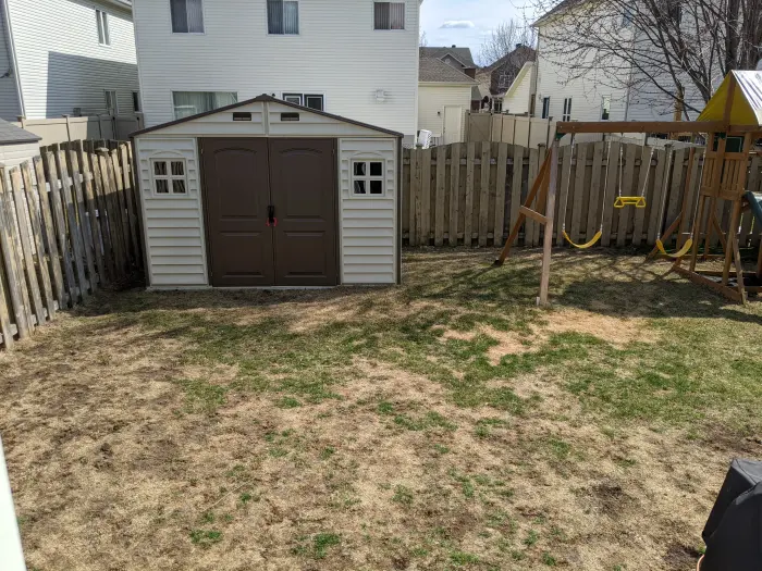 Bare, patchy backyard lawn in early spring before restoration