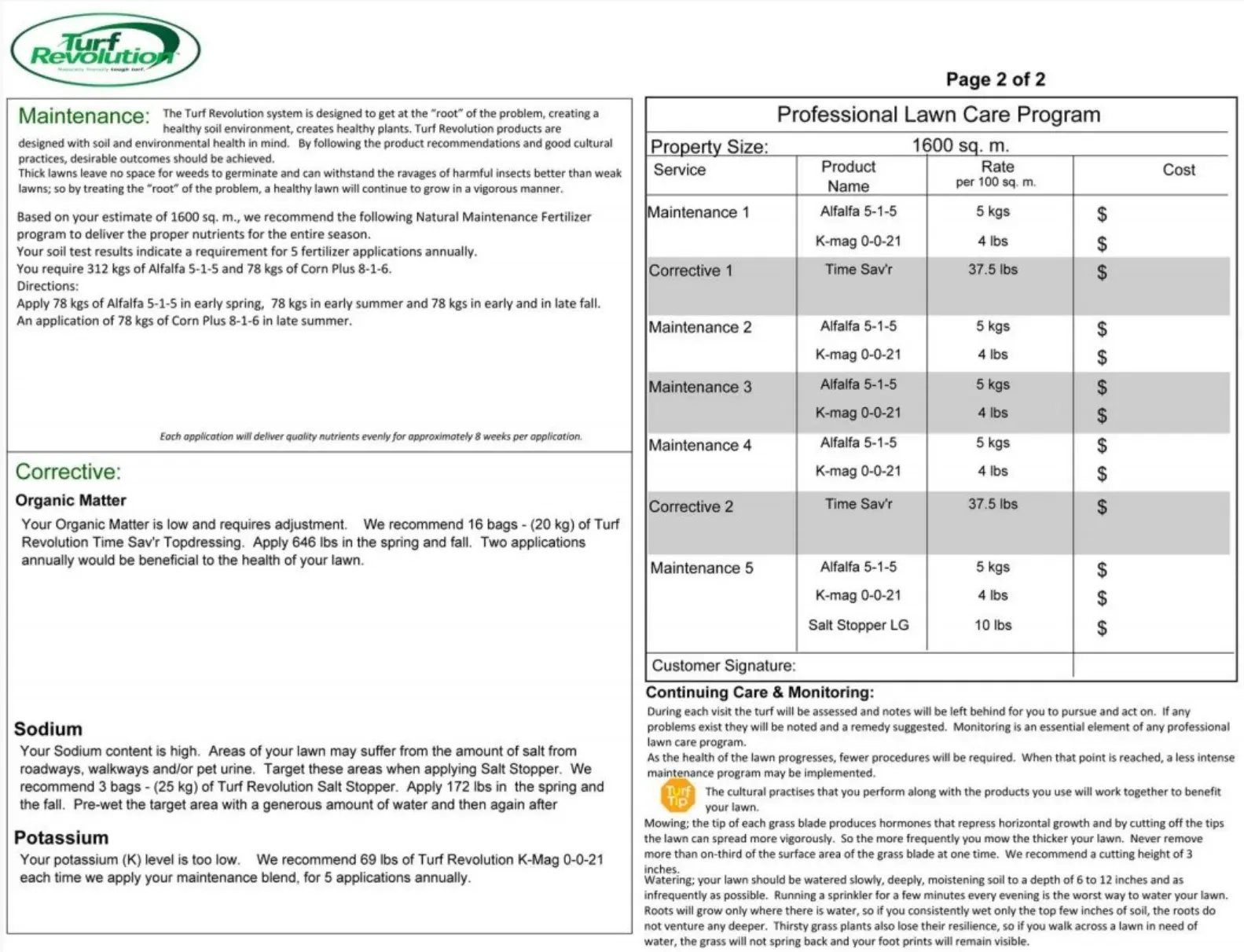 Soil test report page two: written corrective recommendations for organic matter, sodium and potassium, and a season application schedule