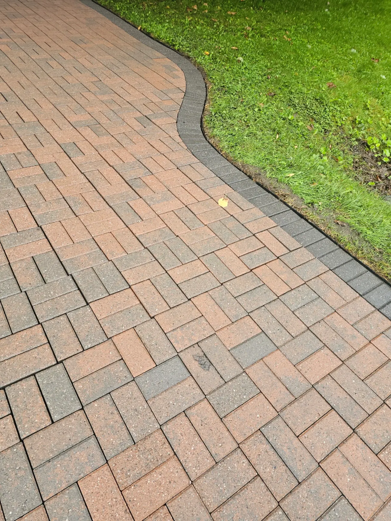 Charcoal soldier-course border against green grass, field pavers colour-restored with the joints cleaned out