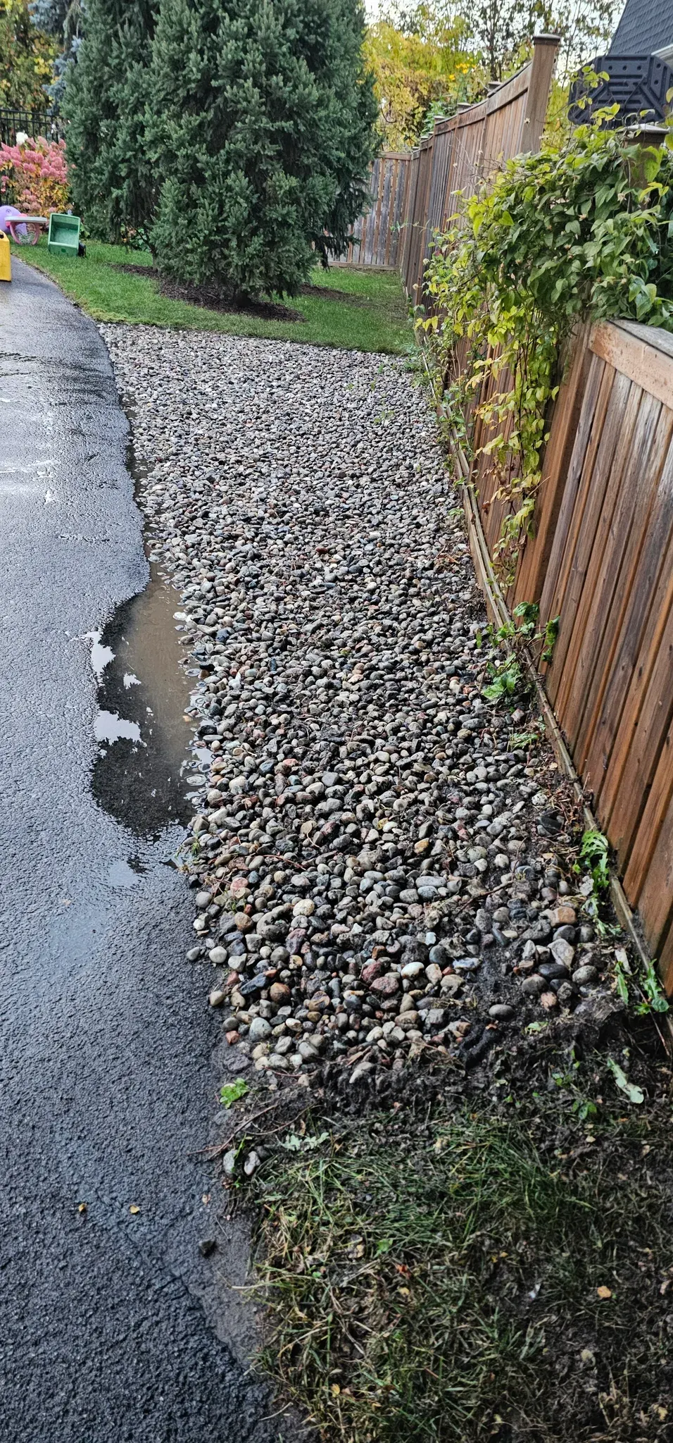 The same strip after the clean, the stone bright, raked level, no weeds, the surface still wet