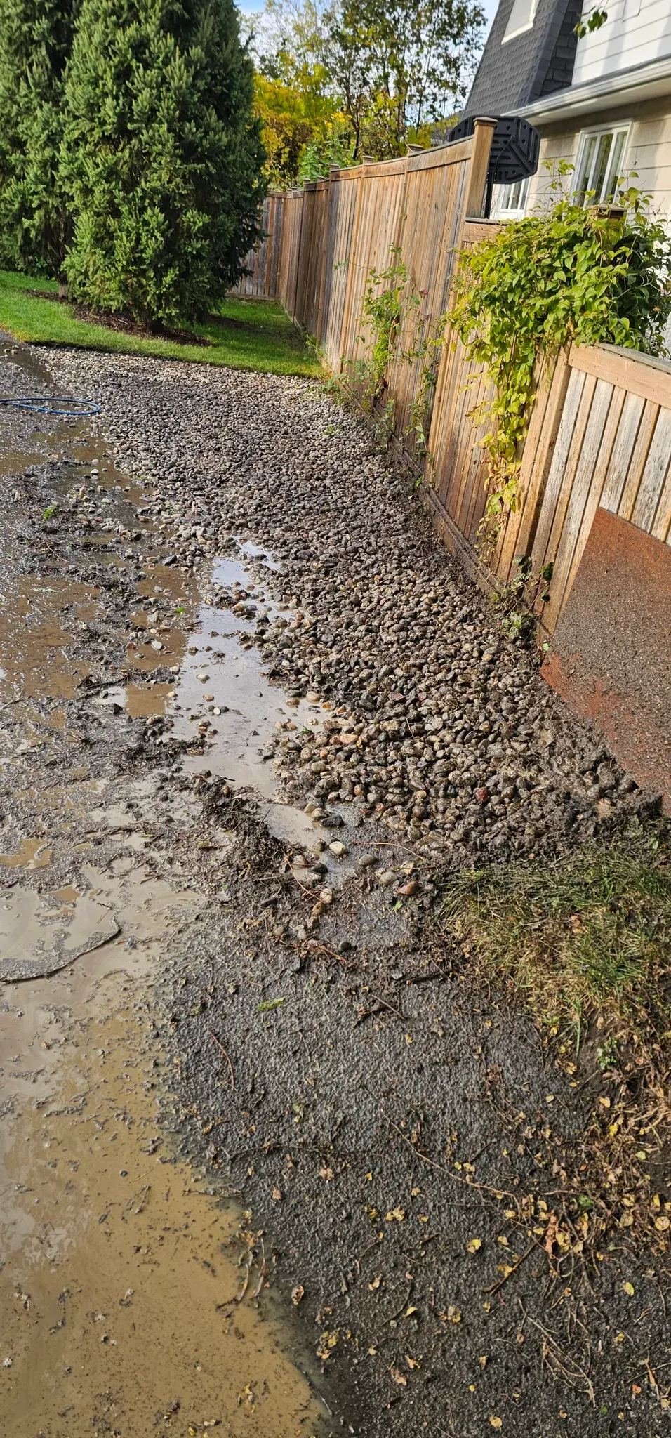 The same strip mid-clean, the stone wet and the silt pushed out onto the driveway as muddy water