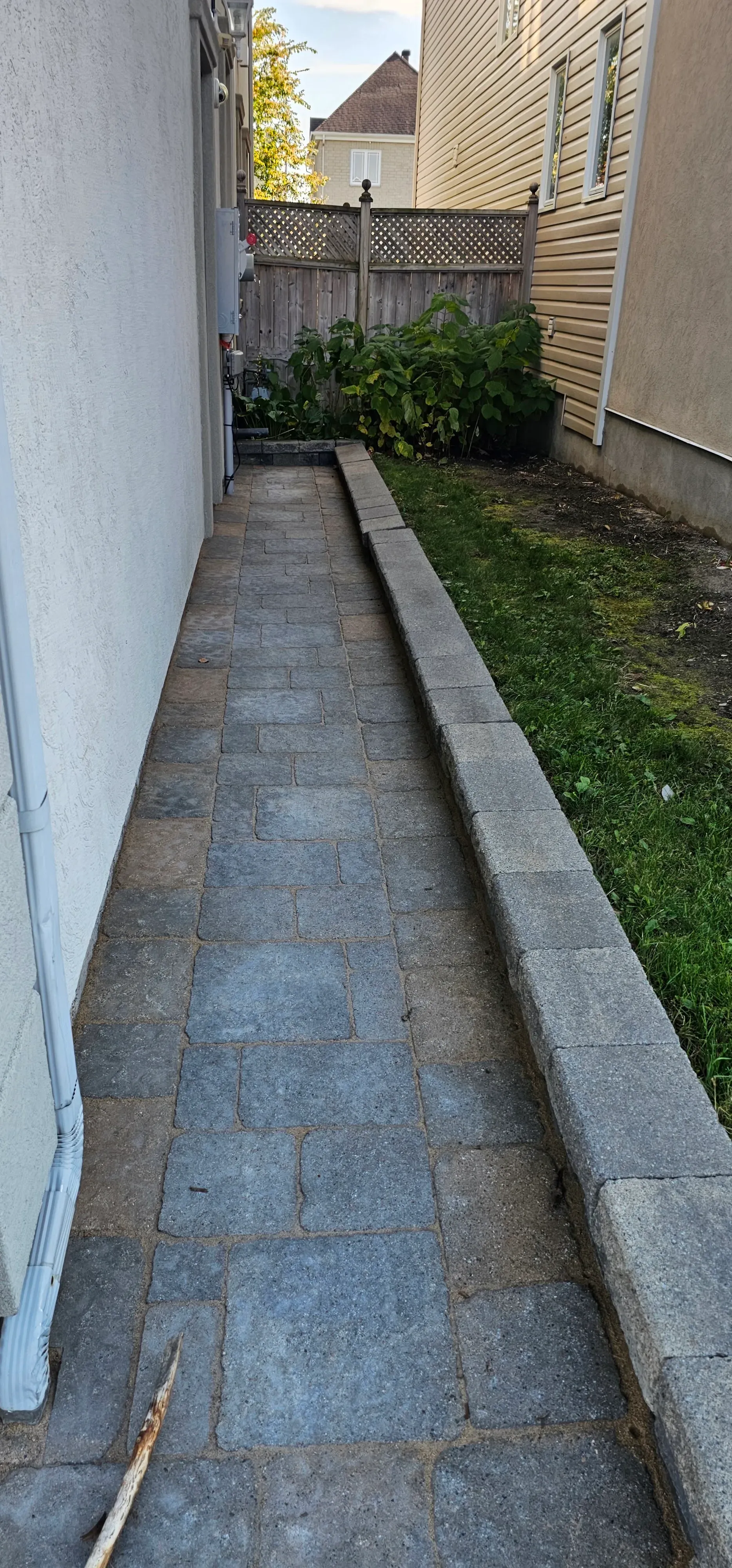 The same side walkway with fresh polymeric sand joints and a tidy lawn edge