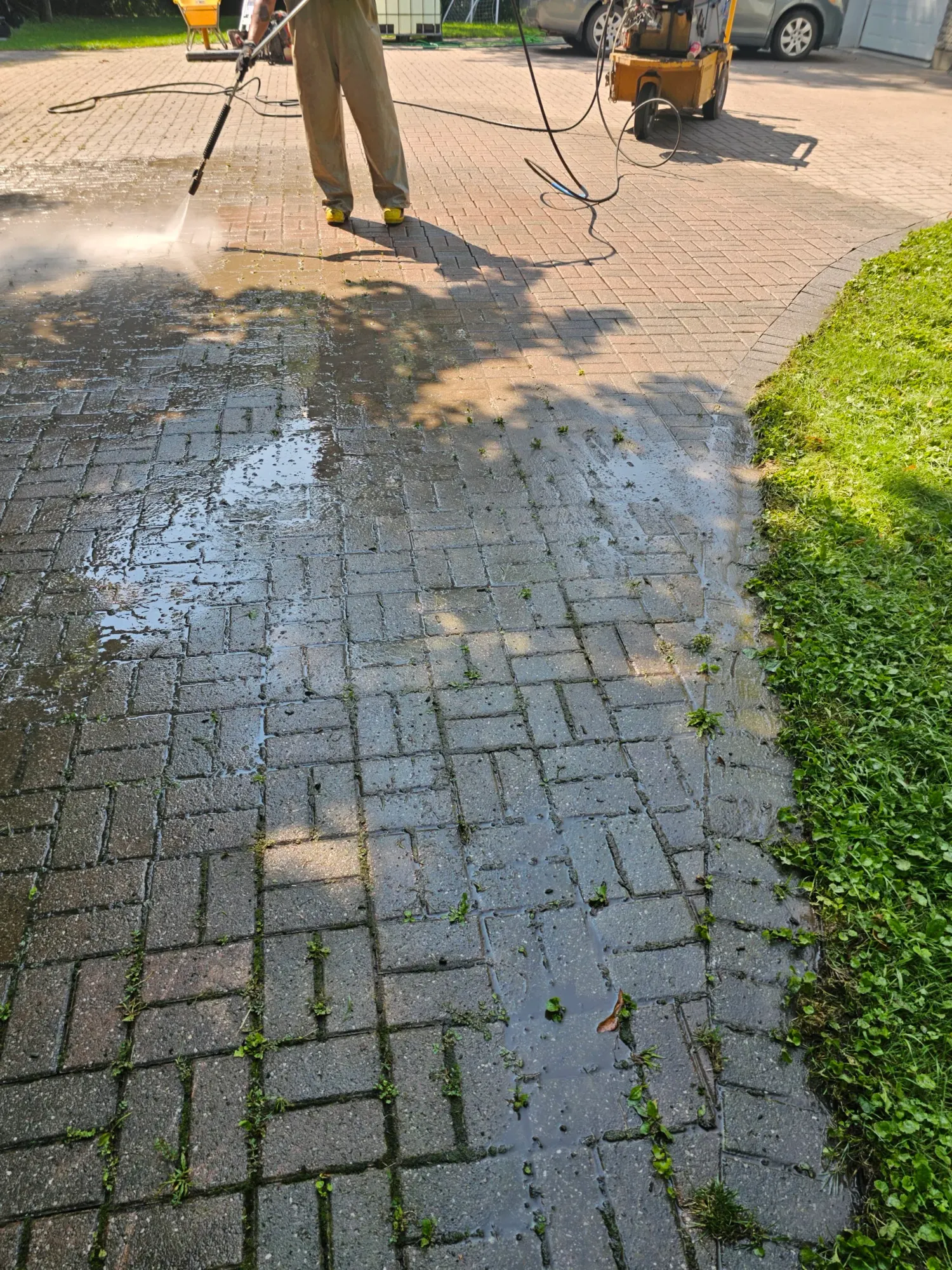 Steam and pressure washing an interlock driveway, mist cloud rising off the wet pavers